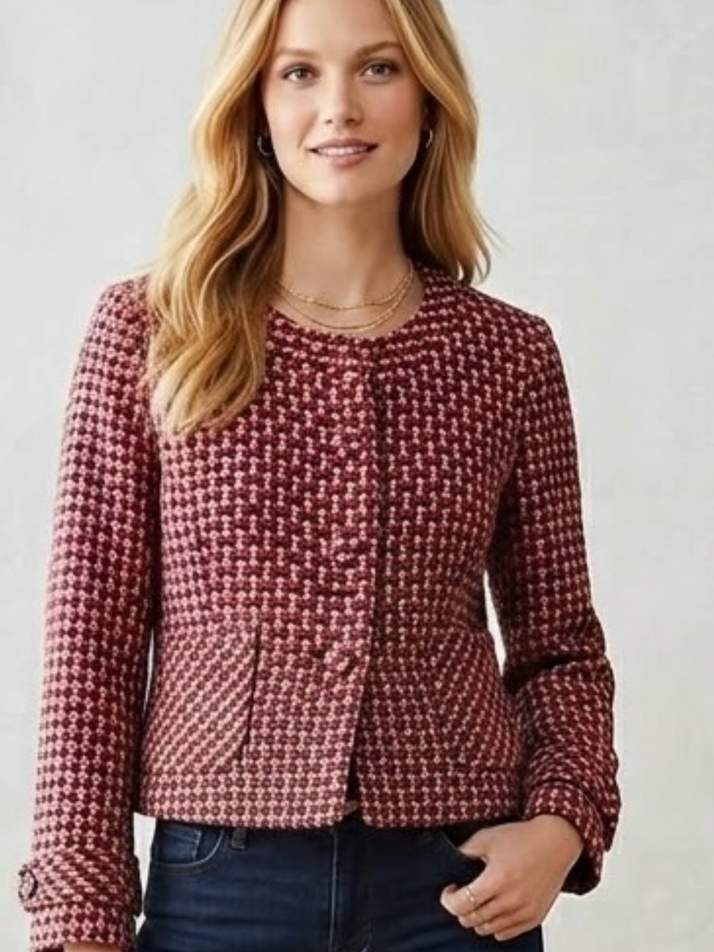 Structured red Houndstooth Tweed Blazer